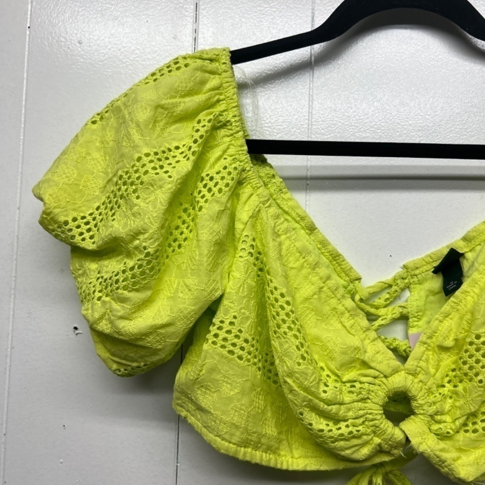 Wild Fable Lime Green Eyelet Lace Up Coquette Cropped Top Medium Puff Sleeves - Picture 4 of 15